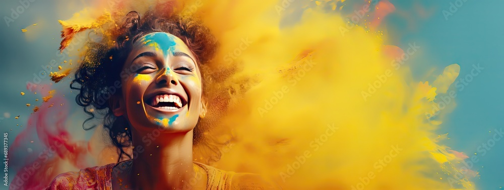 holi festival, portrait of a happy women with multicolored powder in the background with copy space