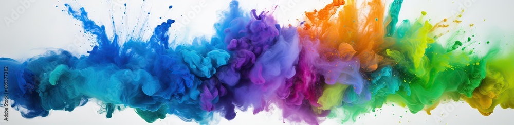 holi festival, wallpaper with powder of all colors as a cloud on a white background