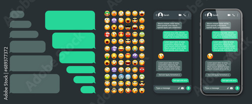 Smartphone messaging app, user interface with emoji. SMS text frame. Chat screen, green message bubbles. Texting app for communication. Social media application. Dark mode. Vector illustration