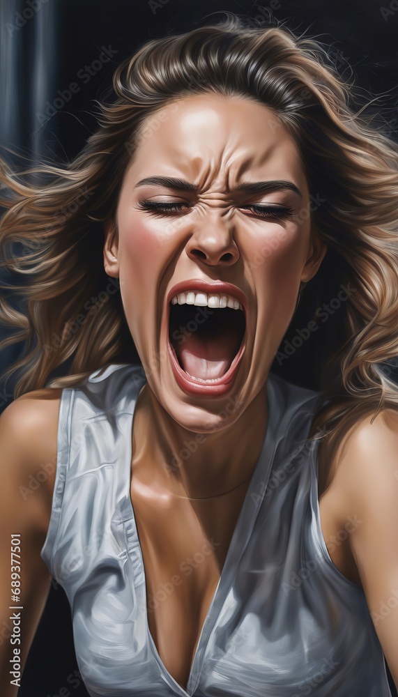 the girl screams with her mouth wide open and her eyes closed, her hair flying in different directions