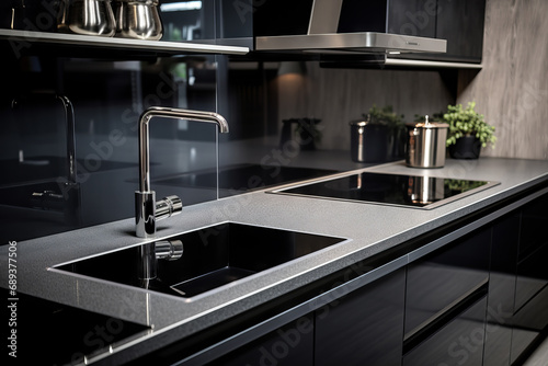 Modern stylish kitchen interior design details. Monochrome black kitchen, with glossy black cabinets and gray tabletop
