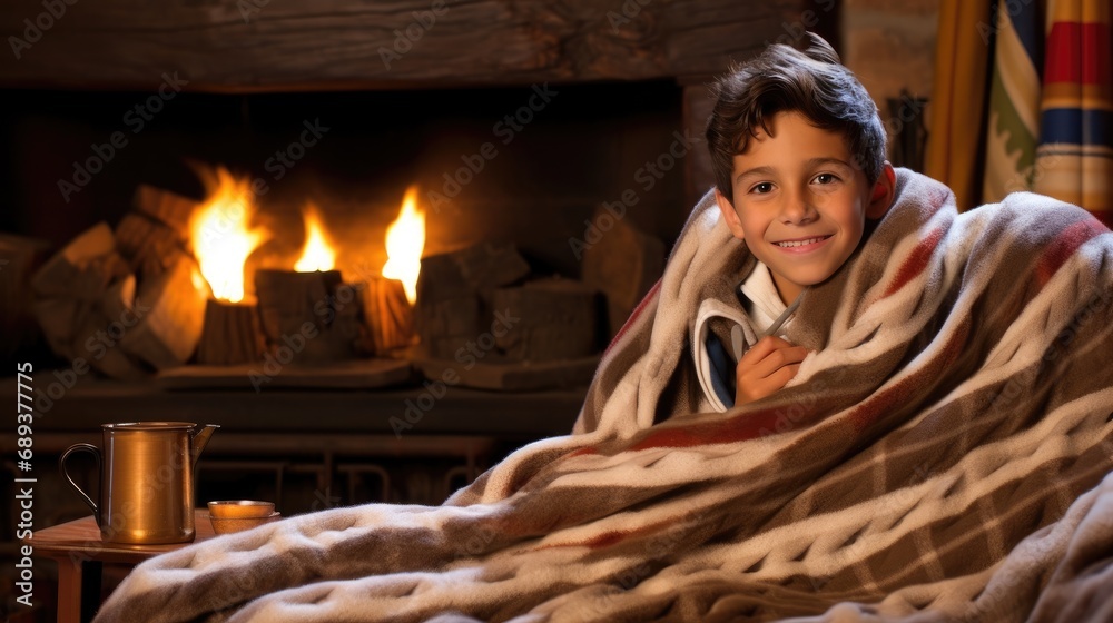 Young Latin boy covered with a blanket drinking tea in front of fireplace