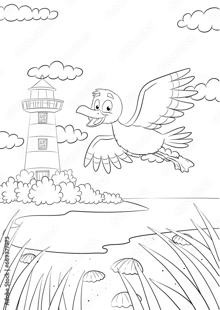 Niedliche Küstenlandschaft mit Leuchtturm und Möwe - Vektor-Illustration Niedliche Küstenlandschaft mit Leuchtturm und Möwe - Vektor-Illustration