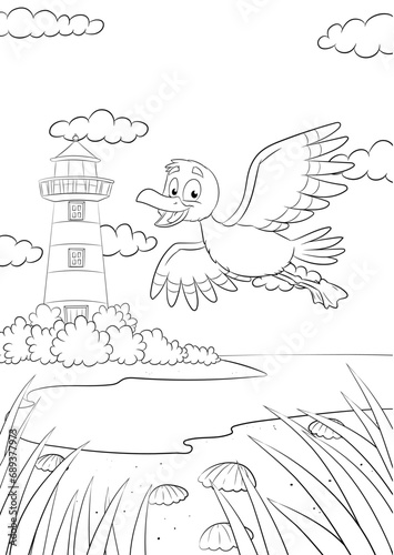 Niedliche Küstenlandschaft mit Leuchtturm und Möwe - Vektor-Illustration