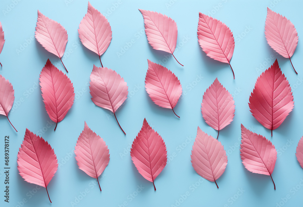 Pink  leaves on a pastel teal  blue background. Minimal autumn pattern flat lay.