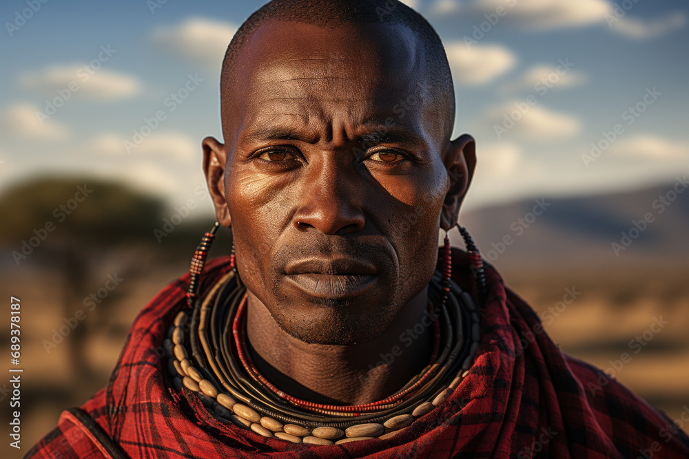 A Maasai warrior adorned in traditional attire, standing proudly against the backdrop of the vast Serengeti. Concept of cultural resilience. Generative Ai. A Maasai warrior adorned in traditional attire, standing proudly against the backdrop of the vast Serengeti. Concept of cultural resilience. Generative Ai.