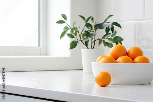Modern minimalistic kitchen interior details. Stylish white quartz countertop with potted plant and oranges photo