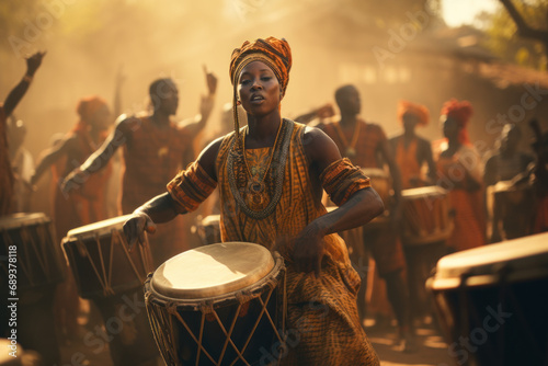 The rhythmic beats of traditional drums echoing through a village, encapsulating the heartbeat of African musical heritage. Concept of cultural cadence. Generative Ai.