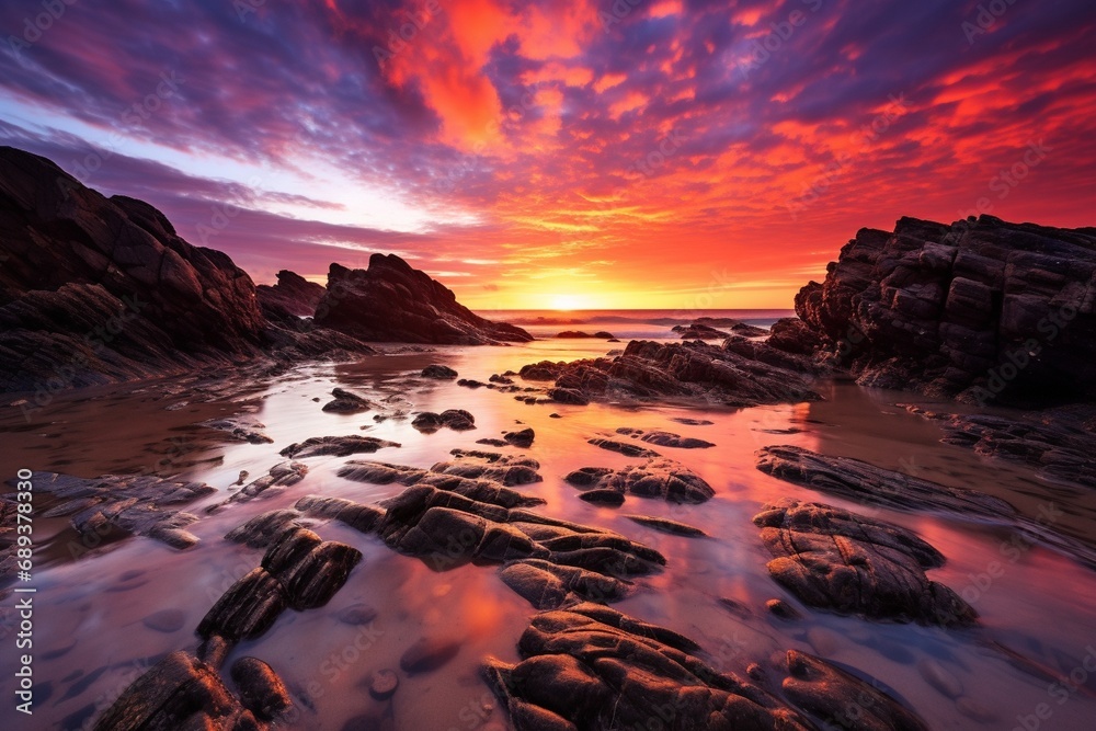 A rocky beach at sunset, with the sky ablaze in hues of pink and orange, reflecting on the wet sand