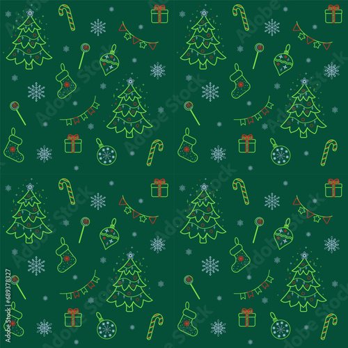 Seamless pattern with christmas elements.Christmas tree, snowflakes, gift boxes, candies, socks,toys, garlands. Vector illustration on green background. For holiday decor,wrapping paper,textile.