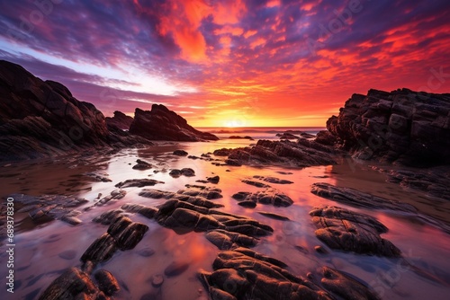 A rocky beach at sunset, with the sky ablaze in hues of pink and orange, reflecting on the wet sand