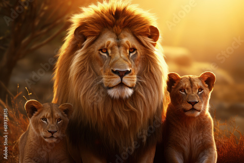 A family of lions basking in the golden sunlight, portraying the regal grace and power of African wildlife. Concept of feline majesty. Generative Ai.