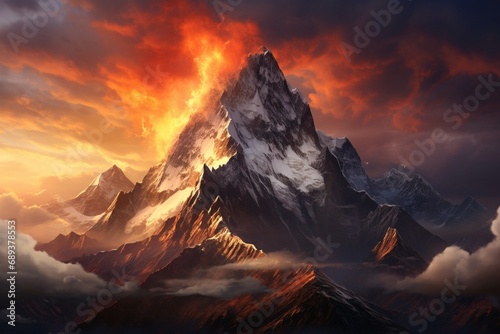 A rocky mountain peak piercing the clouds, with the sun setting in a fiery display of colors, casting a warm glow on the rugged terrain