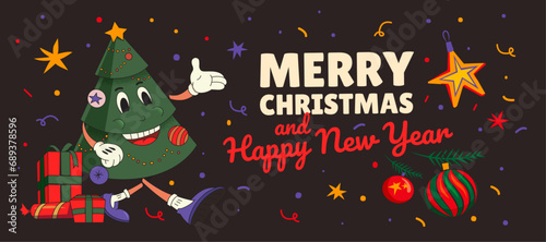 Christmas tree cartoon character in flat styl. Greeting card print template and background. Christmas decorations on confetti on a dark background.