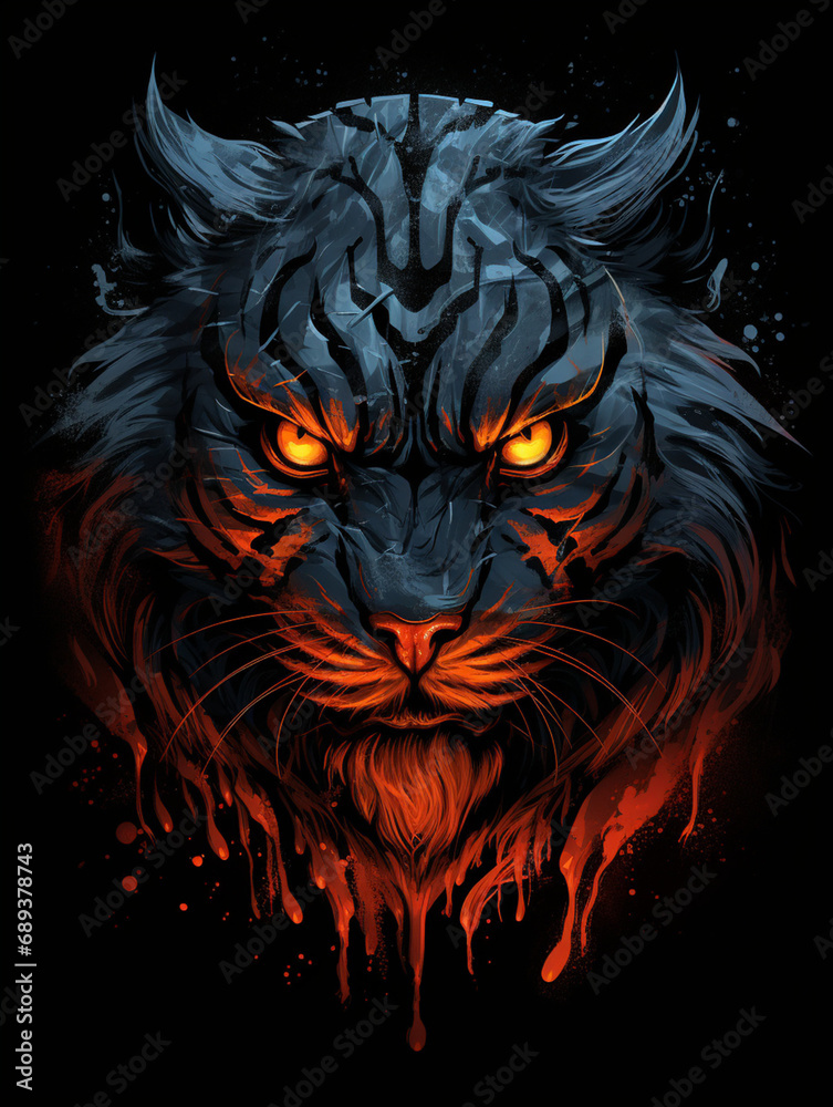 tiger looks angry with deep red eyes, in the style of dark silver and dark orange created with Generative Ai