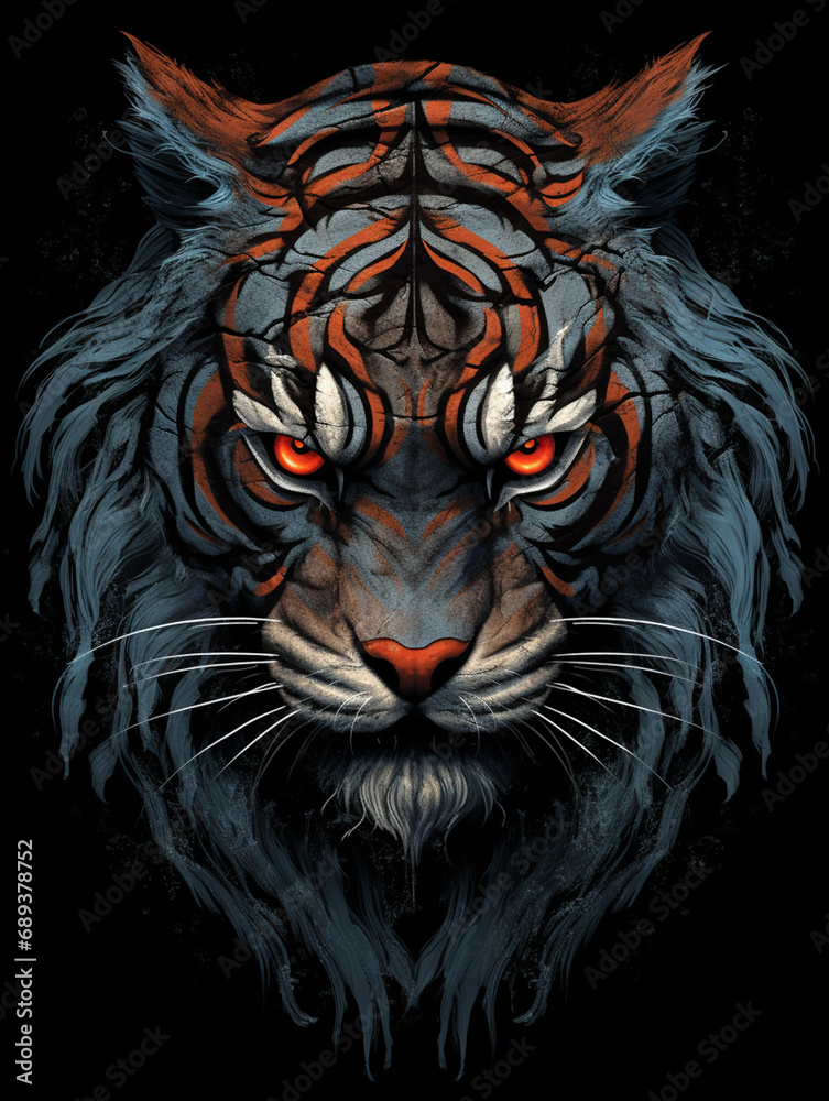 tiger looks angry with deep red eyes, in the style of dark silver and dark orange created with Generative Ai tiger looks angry with deep red eyes, in the style of dark silver and dark orange created with Generative Ai