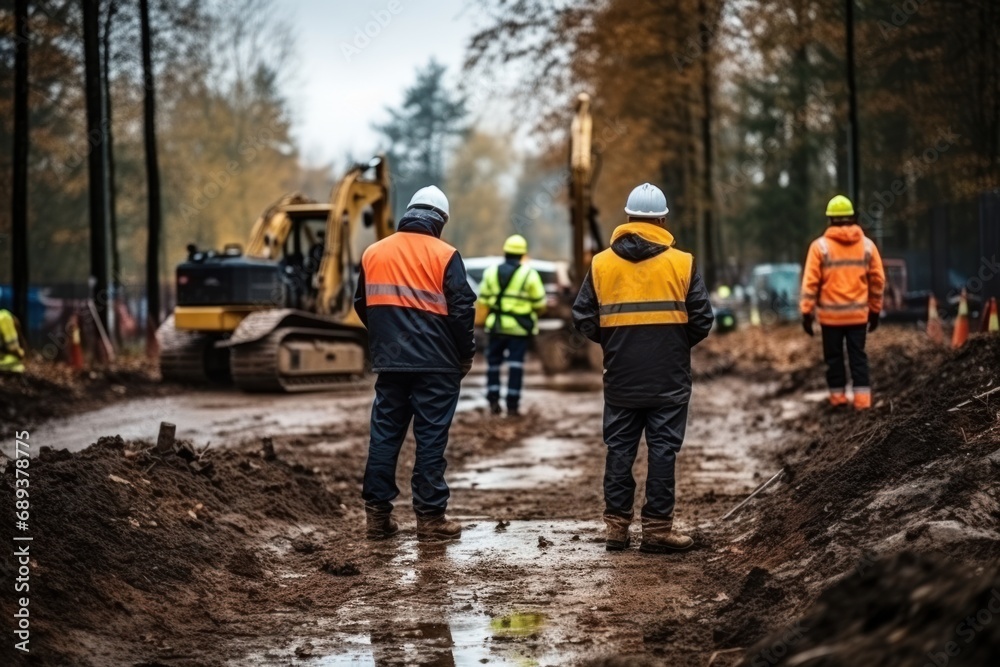 Builders and surveyors with machinery and warning signs during road construction Builders and surveyors with machinery and warning signs during road construction