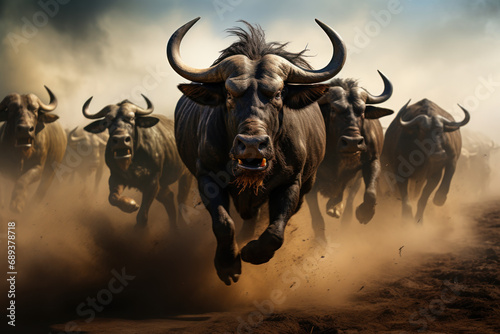 A herd of wildebeest during the Great Migration, illustrating the awe-inspiring natural phenomena that unfold in African ecosystems. Concept of migratory marvels. Generative Ai.