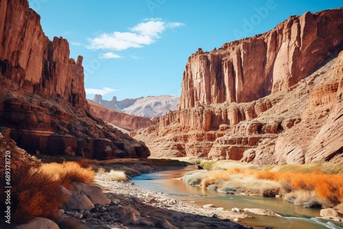 A rugged canyon landscape carved by time, with towering cliffs and a meandering river under a clear blue sky
