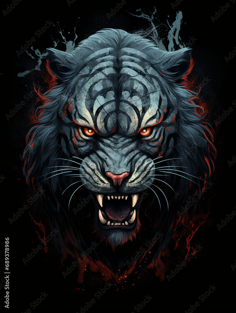 tiger looks angry with deep red eyes, in the style of dark silver and dark orange created with Generative Ai