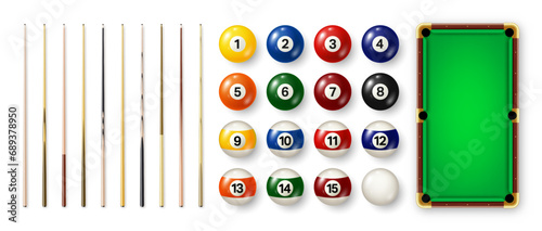 Billiard balls with numbers, various cues and green pool table. Glossy snooker ball. Sports equipment, recreation and hobby, competitive game. Vector illustration