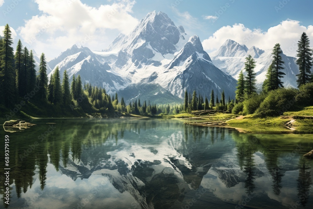 A secluded mountain lake surrounded by evergreen trees, with the snow-capped peaks mirrored in the clear, still water