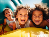 Portrait of happy kids on inflatable bounce house. Children playing on a trampoline.