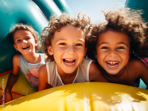 Portrait of happy kids on inflatable bounce house. Children playing on a trampoline. photo