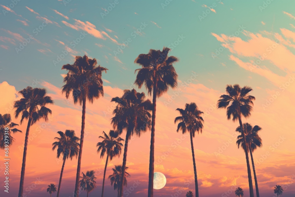 this is a picture of palm trees at sunset,