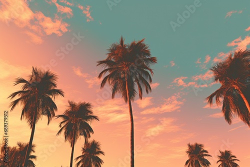 this is a picture of palm trees at sunset, © olegganko