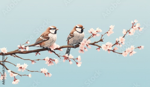 three sparrows on branch taking rest from blossoms, photo