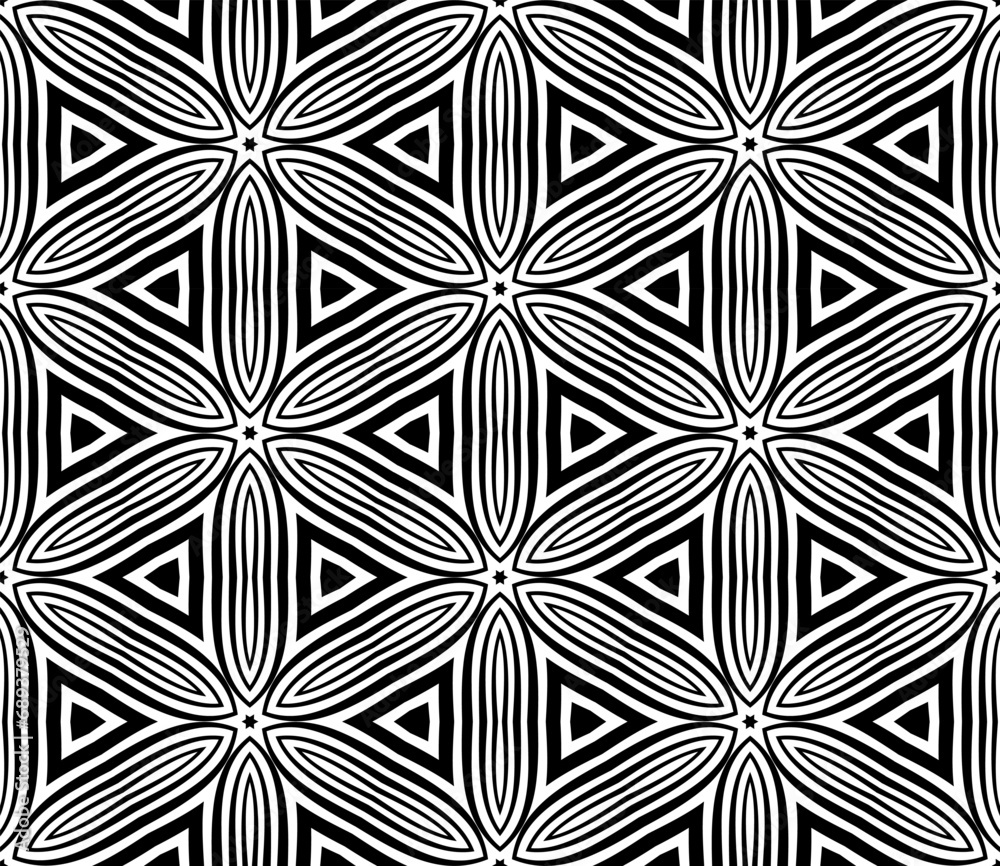 Abstract Seamless Hexagons and Triangles Pattern. Black and White Texture.