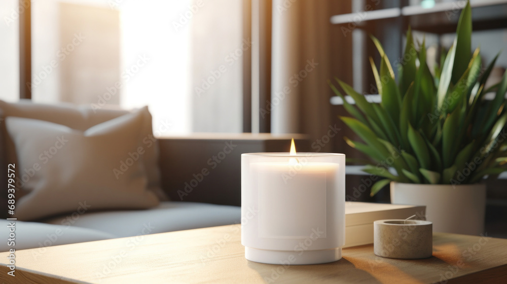 white candle with blank front, realistic on a mockup template in a coffee table in a luxury home white candle with blank front, realistic on a mockup template in a coffee table in a luxury home