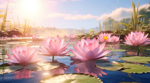 water lilies in the sun over pink flowers