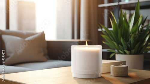 white candle with blank front, realistic on a mockup template in a coffee table in a luxury home