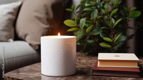 white candle with blank front, realistic on a mockup template in a coffee tab...