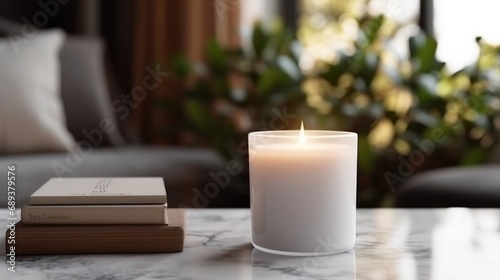 white candle with blank front, realistic on a mockup template in a coffee tab...