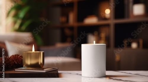 white candle with blank front, realistic on a mockup template in a coffee tab...