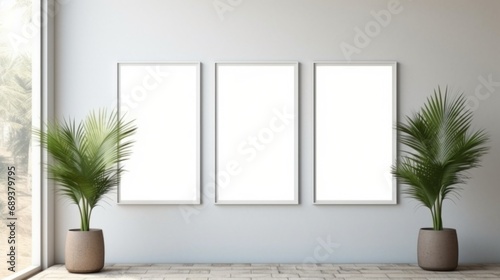 White frame with blank front  realistic on a mockup template in a white minimalist wall