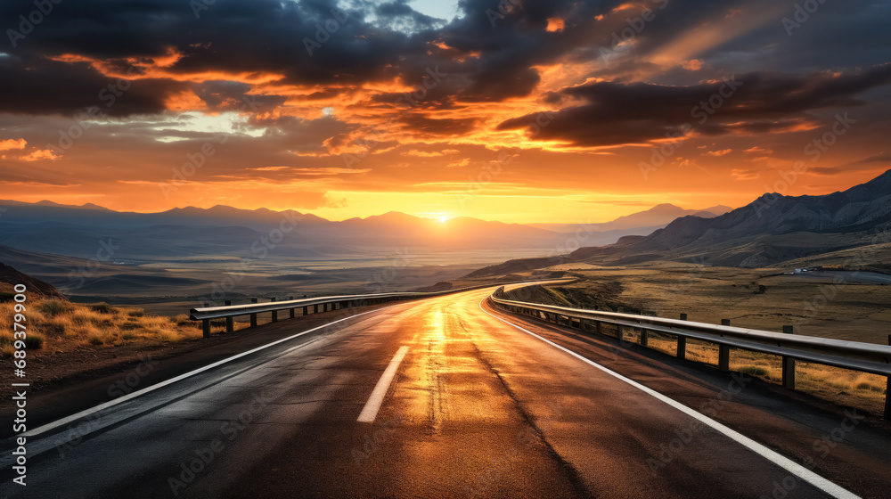 Endless journey, A highway stretches into the vibrant hues of a sunset, a captivating blend of motion and tranquility in this stock photo moment.