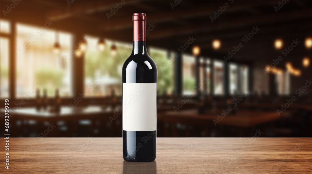 Wine bottle with blank front, realistic on a mockup template in a wooden table in restaurant Wine bottle with blank front, realistic on a mockup template in a wooden table in restaurant