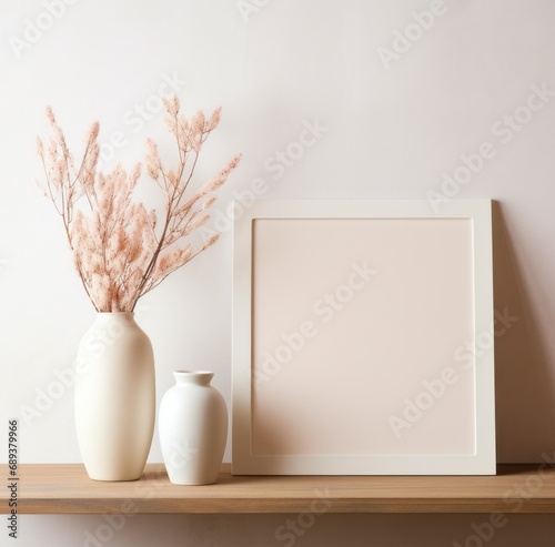 white vase with empty blank frame and two bouquets,