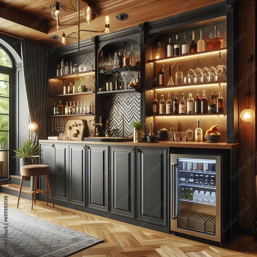 A stylish home bar with a liquor cabinet.Cozy kitchen with a bar and wine cooler. Creating a warm and inviting atmosphere. The bar is made of wood and has a glass door, showcasing the bottles inside.  - obrazy, fototapety, plakaty 