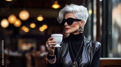 woman with grey hair in sunglasses is standing at the cafe holding coffee,