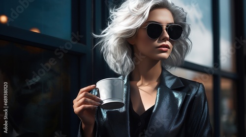 woman with grey hair in sunglasses is standing at the cafe holding coffee,