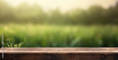 wood deck with green grass background,
