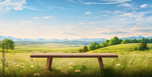 Fototapeta Naklejka Na Ścianę i Meble -  wooden bench with grass on summer sunny background,