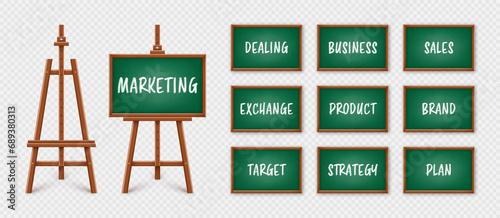 Green chalkboard on wooden easel. Blackboard in wooden frame on a tripod. Presentation board with text, writing or drawing surface. Business investment, economics and finance. Vector illustration