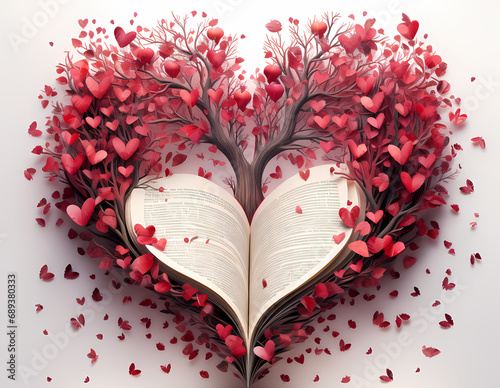 many hearts from a book middle. flying heart shape in levitation.generative ai image valentines day, february 14th