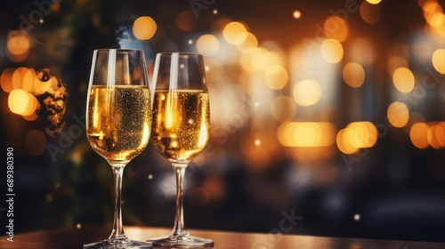 They celebrated the New Year with the background of golden lights and drinking champagne